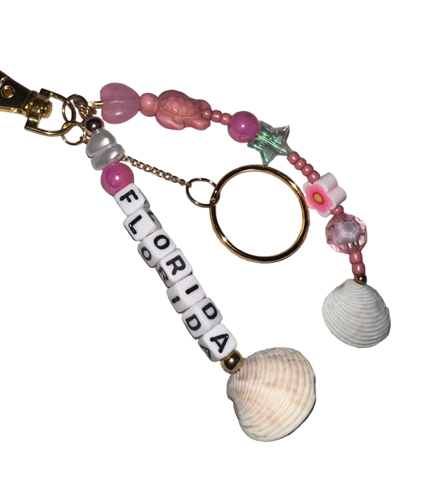 Keychain with 'FLORIDA' beads and seashell charms