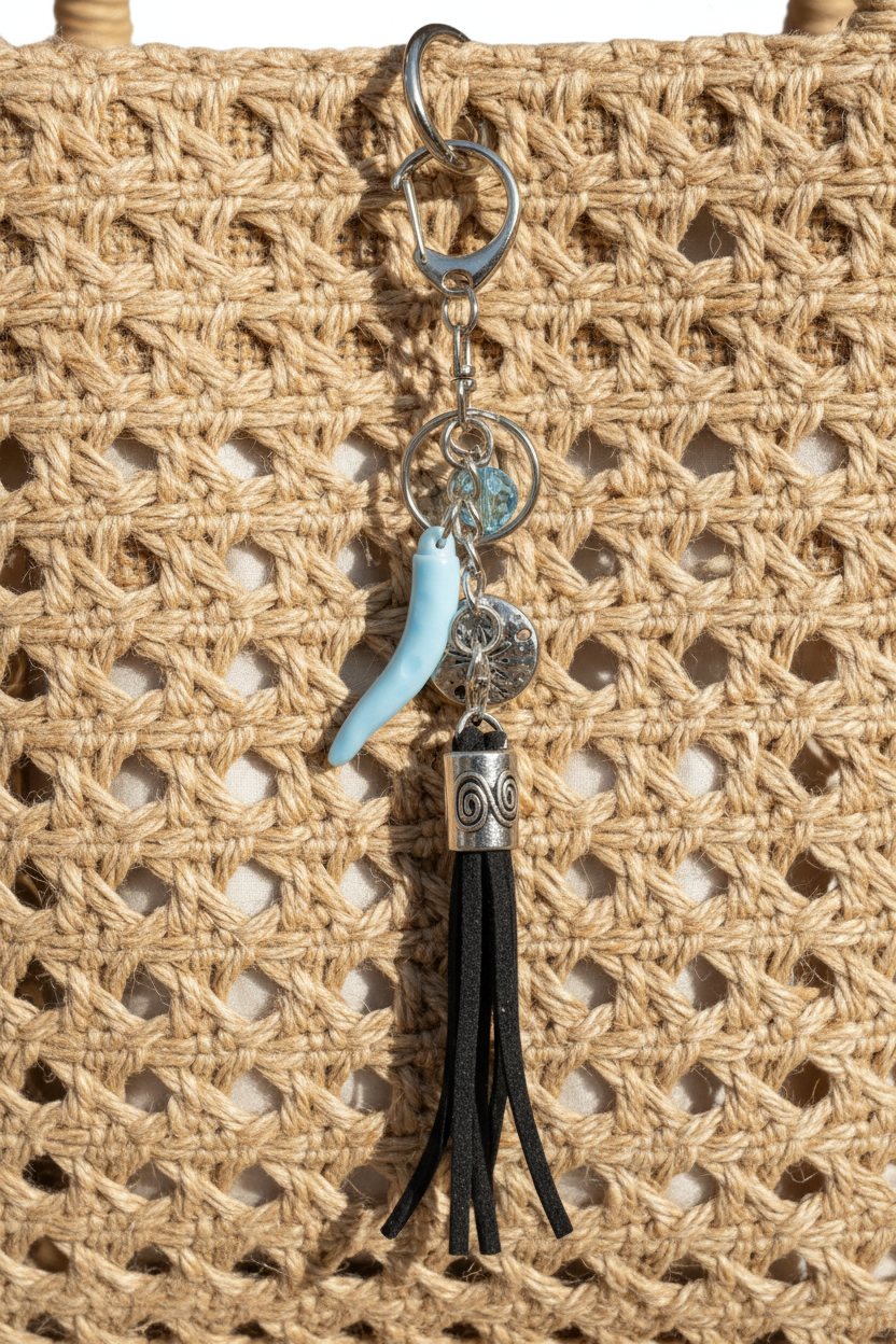 Handbag with decorative charm featuring a black tassle, silver sand dollar, porcelain pepper charm
