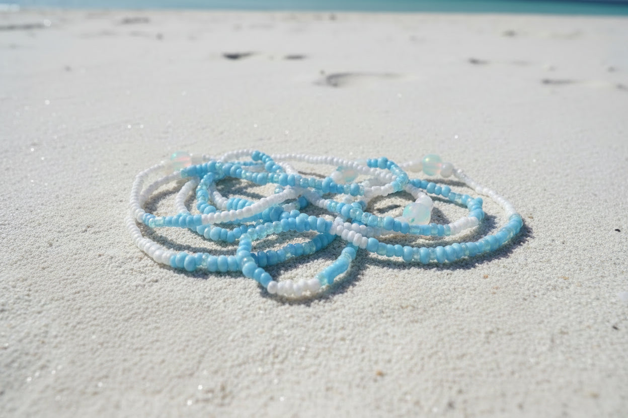 baby blue and white  elastic waistbeads made by gabi decor studio