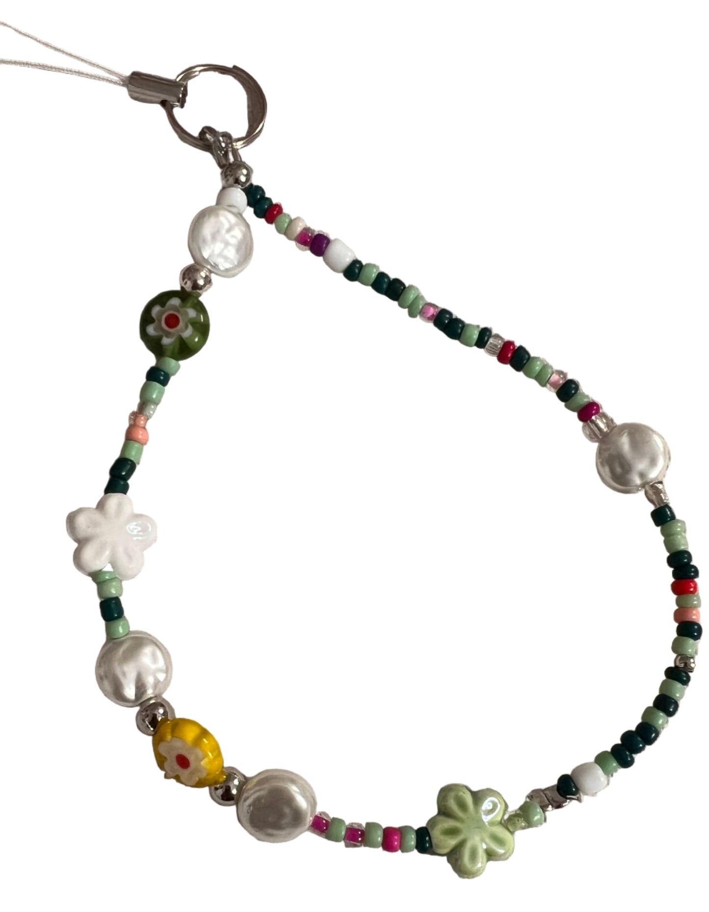Beaded wristlet with floral and colorful beads green flower charms
