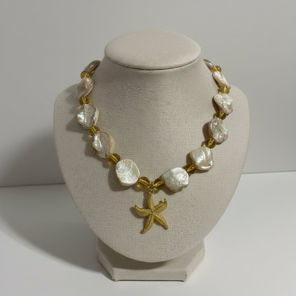 Abalone shells, yellow glass beads and a gold starfish pendant