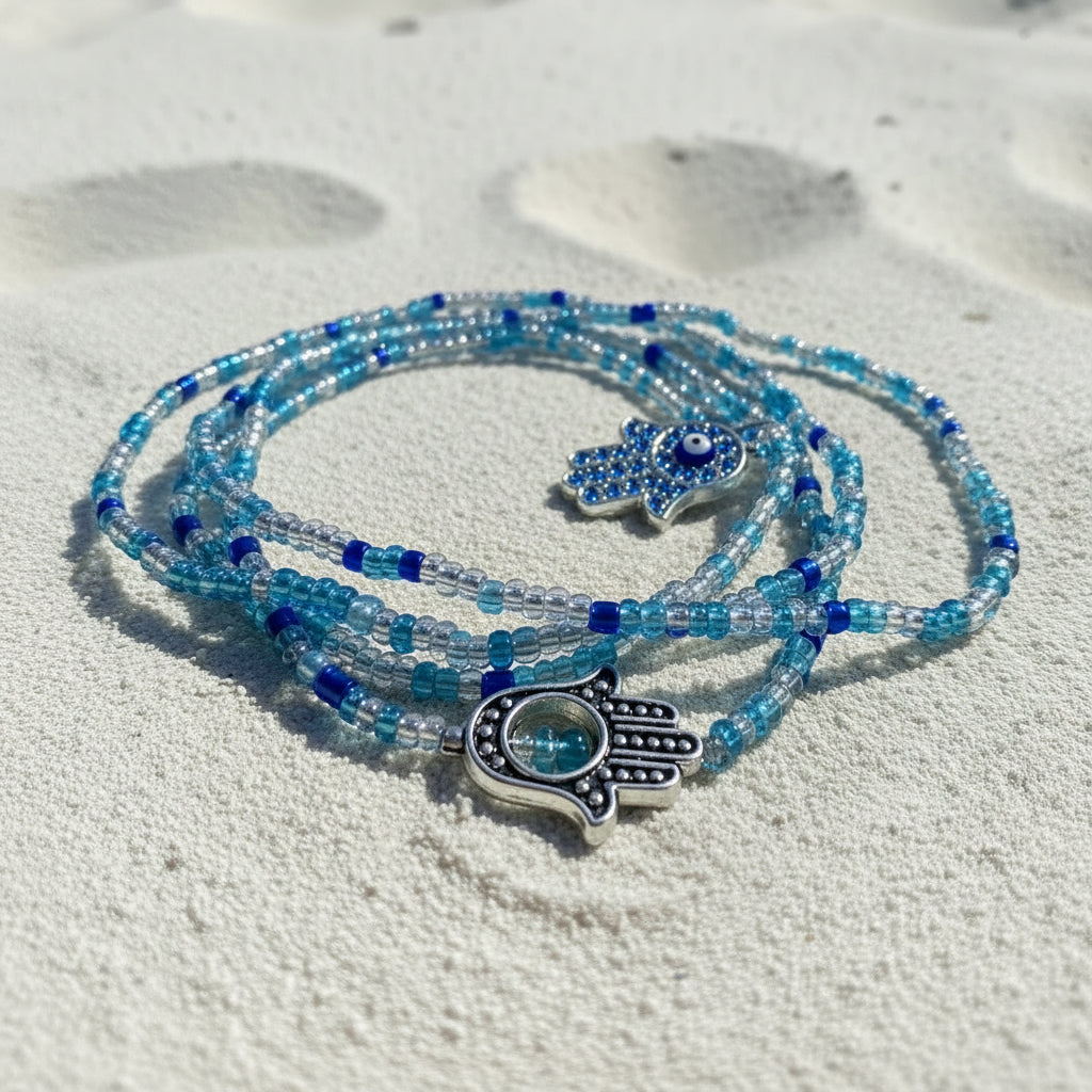 Hamsa hand waistbeads with mixed blue beads