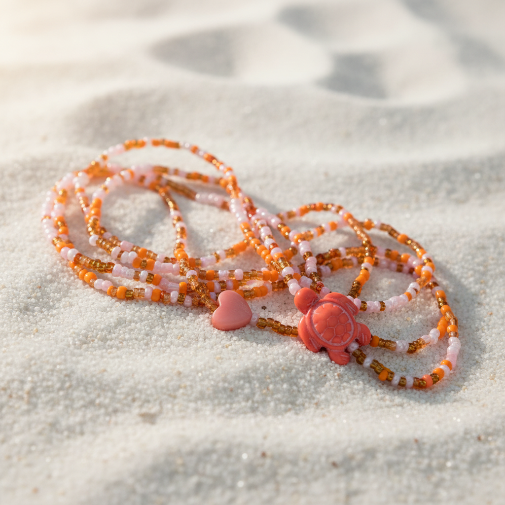 Beaded waistbeads with pink heart and flower pendant on a coral background