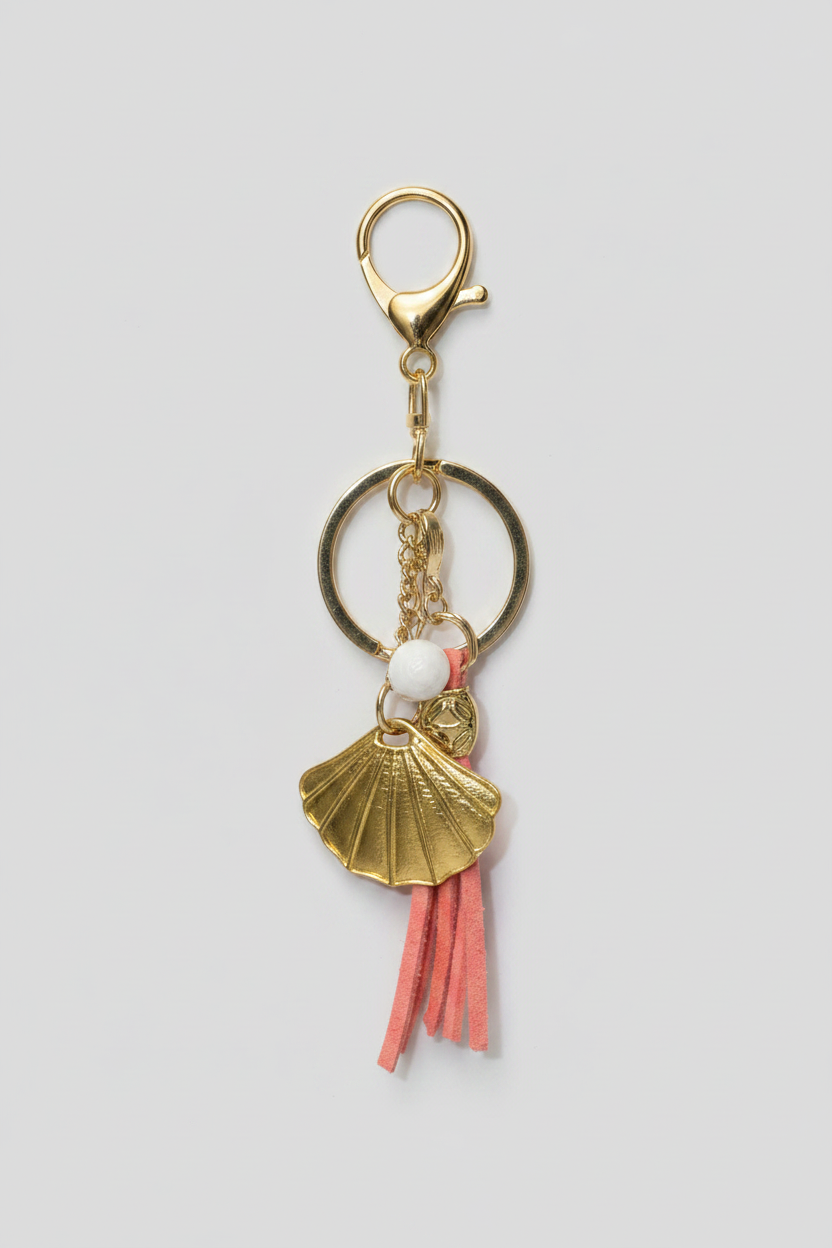 Handbag with decorative charm featuring a peach tassel, gold shell, and freshwater pearl.
