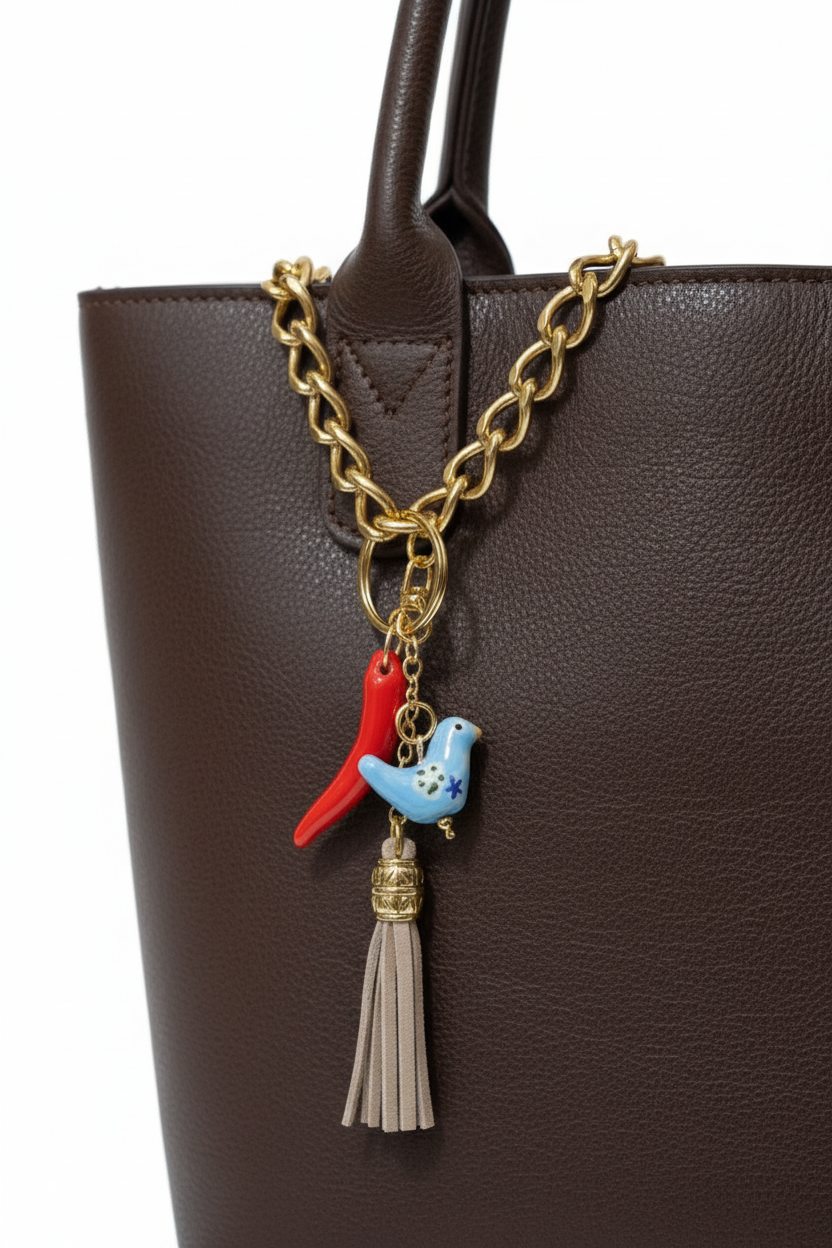 Handbag with decorative charm featuring a beige tassle, porcelain blue hen, porcelain pepper charm
