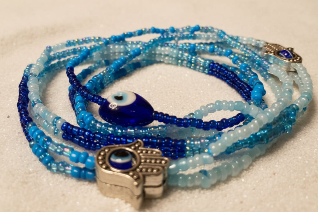 blue ombre waistbeads with evil eye charms