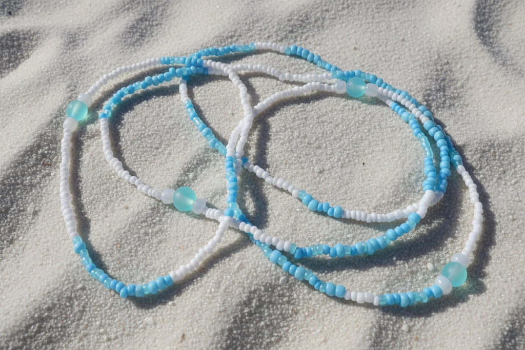 baby blue and white  elastic waistbeads made by gabi decor studio