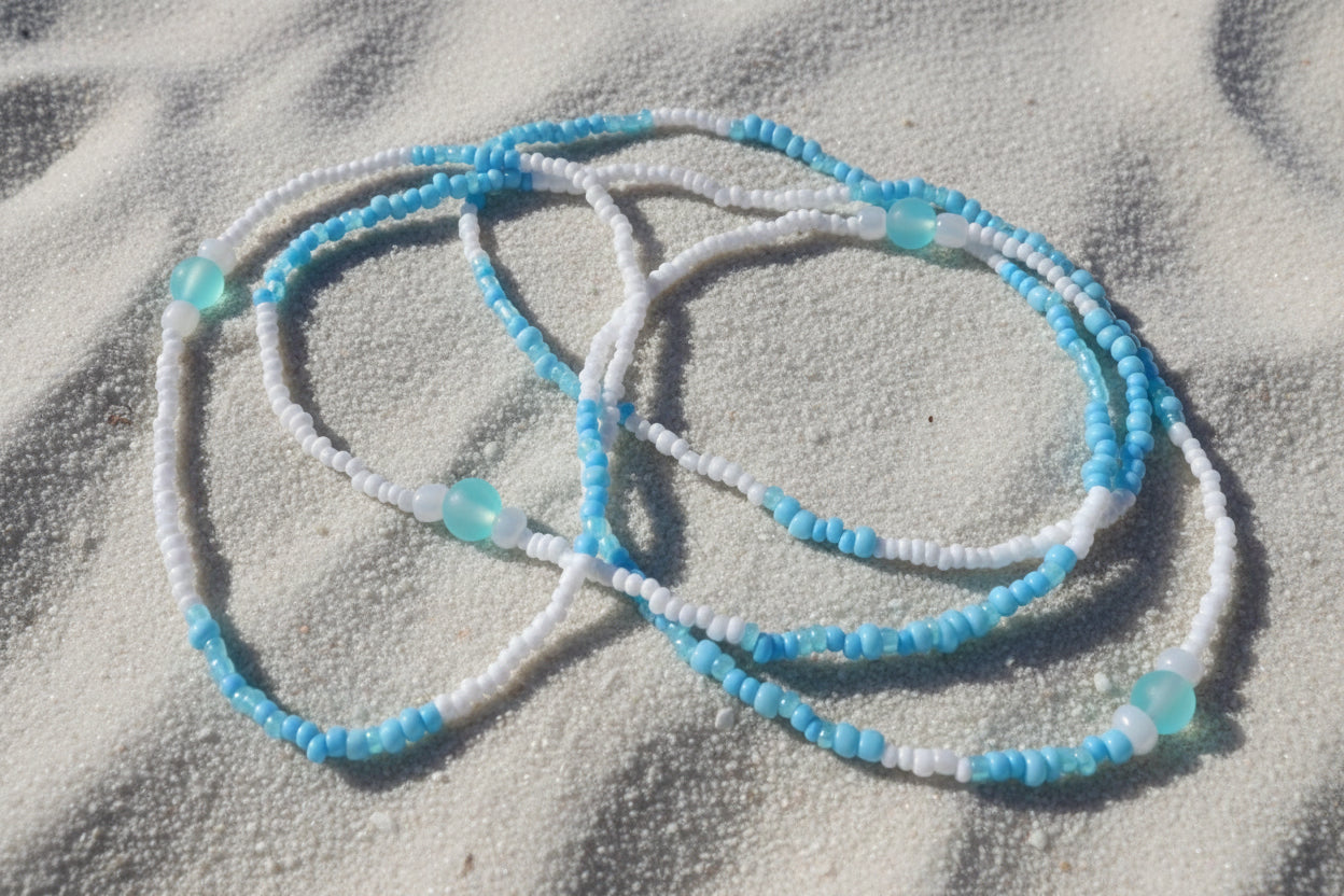 baby blue and white  elastic waistbeads made by gabi decor studio