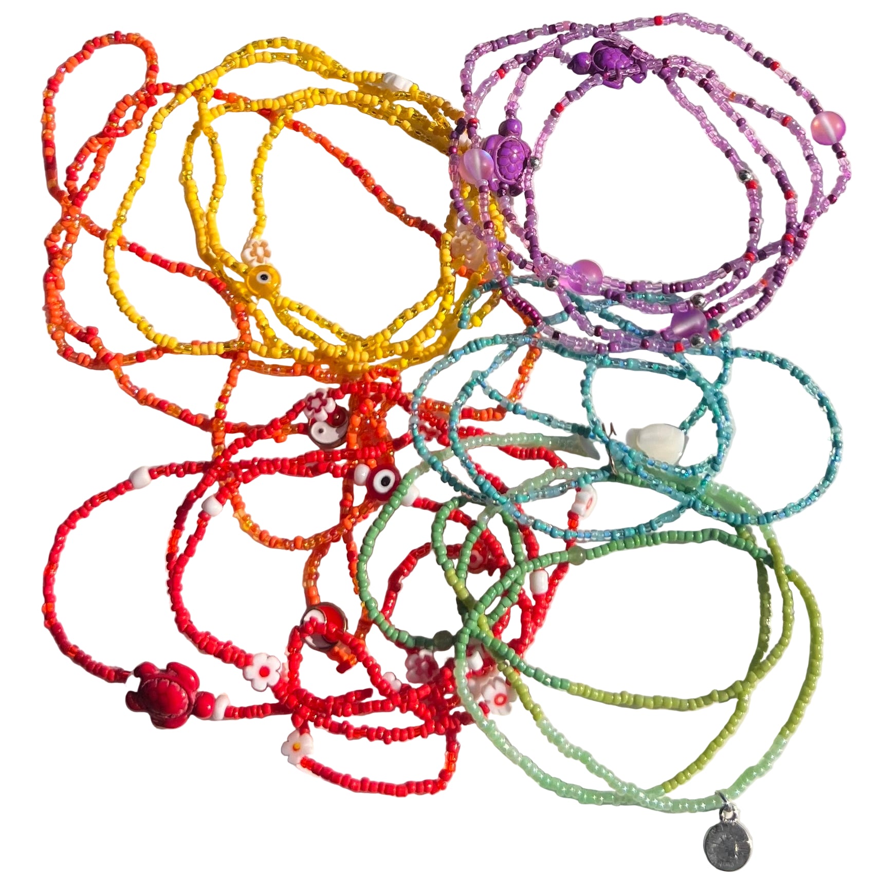 Colorful beaded waistbeads on a white background