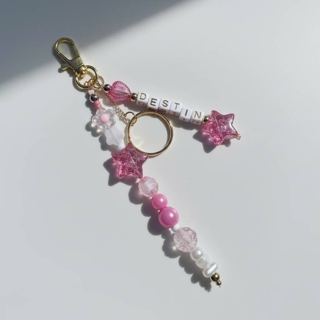 Keychain with pink beads and stars 