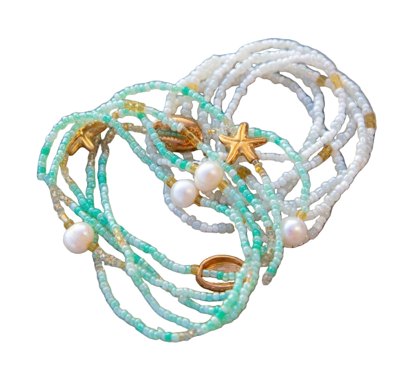 aqua seed beads waistbeads, gold shell accents and starfish
