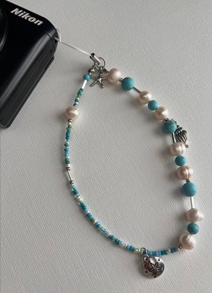 Beaded camera wristlet with pearls and blue turquoise beads