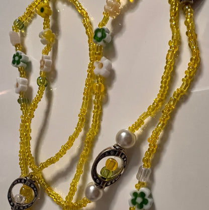 Yellow seed bead waistbeads with floral charms