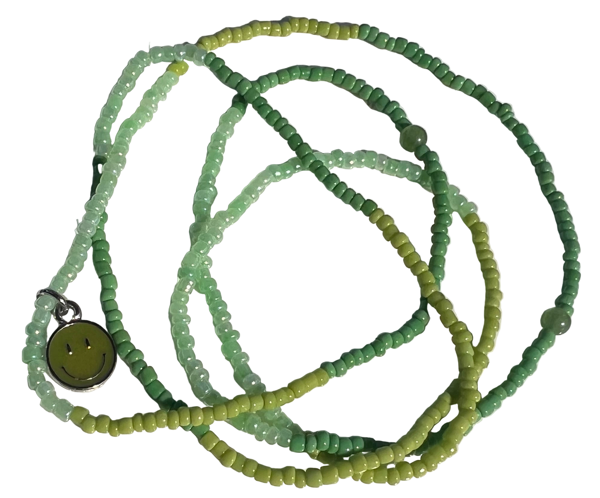 Green beaded waistbeads with a smiley face pendant