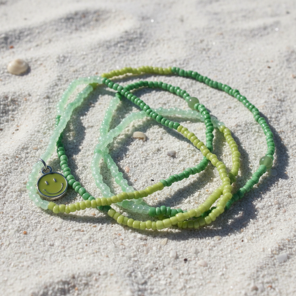 Green beaded waistbeads with a smiley face pendant