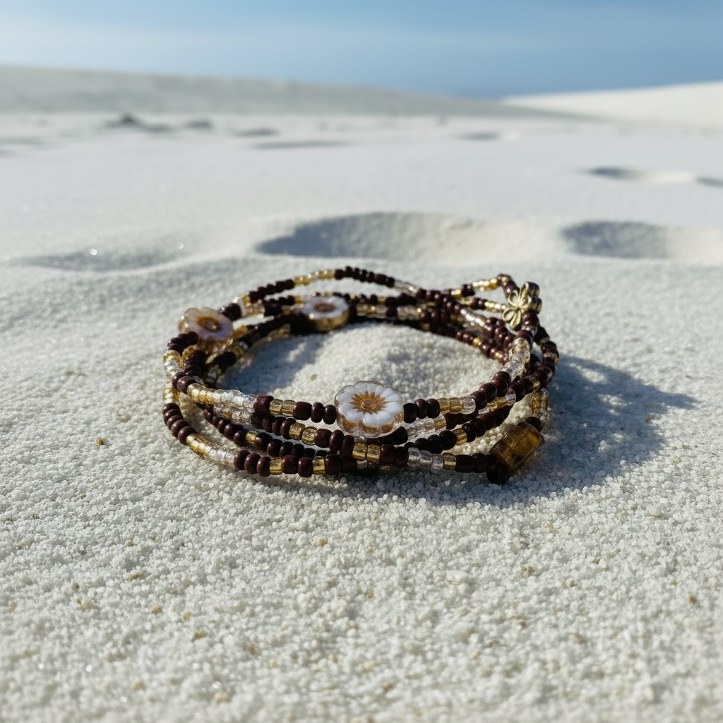 brown and gold seed bead waistbeads with floral charms