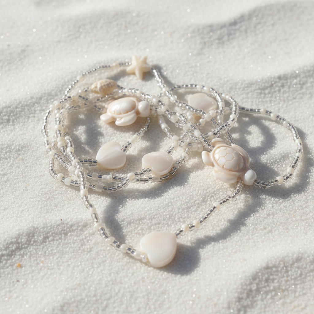 Pearl color seed beads waistbeads with starfish and shell charms