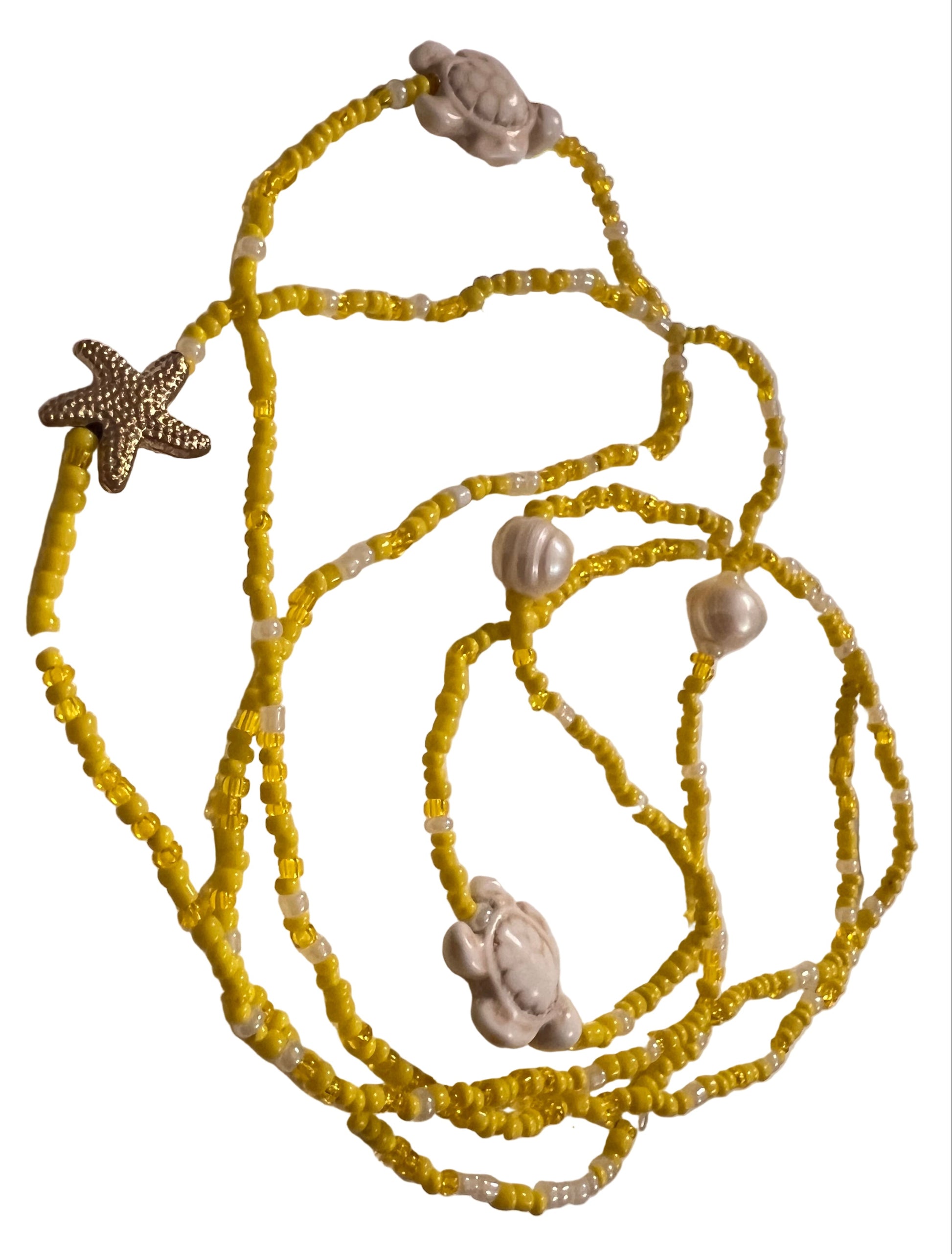 Yellow beaded waistbeads with starfish and turtle and pearl charms 