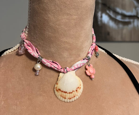 pink bandana choker necklace with statement seashell