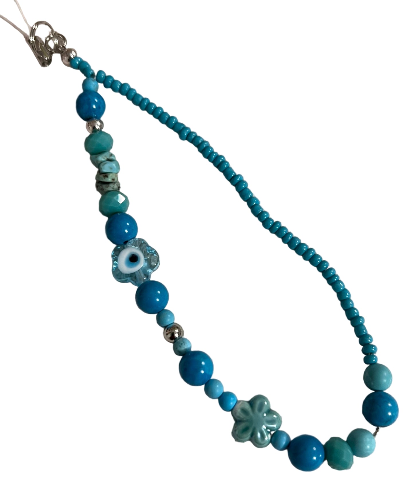 Beaded phone wristlet with blue and evil eye glass beads 