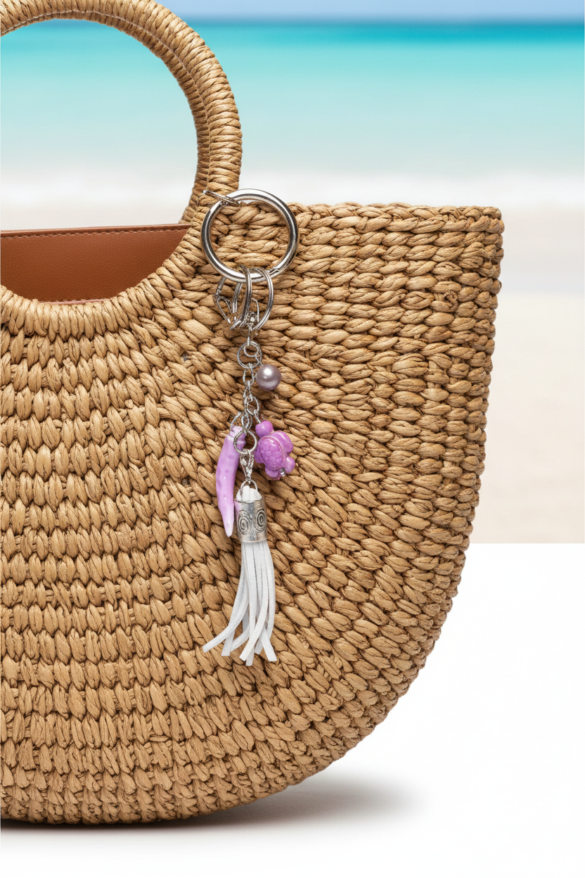 Handbag with decorative charm featuring a grey tassle, purple seaturtle, tahitian pearl, porcelain pepper charm