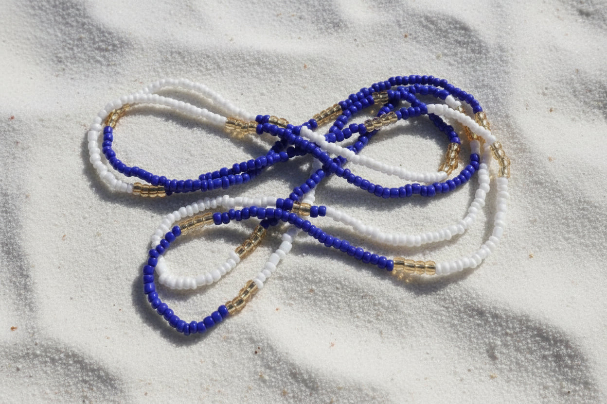 blue,white, and gold elastic waistbeads made by gabi decor studio