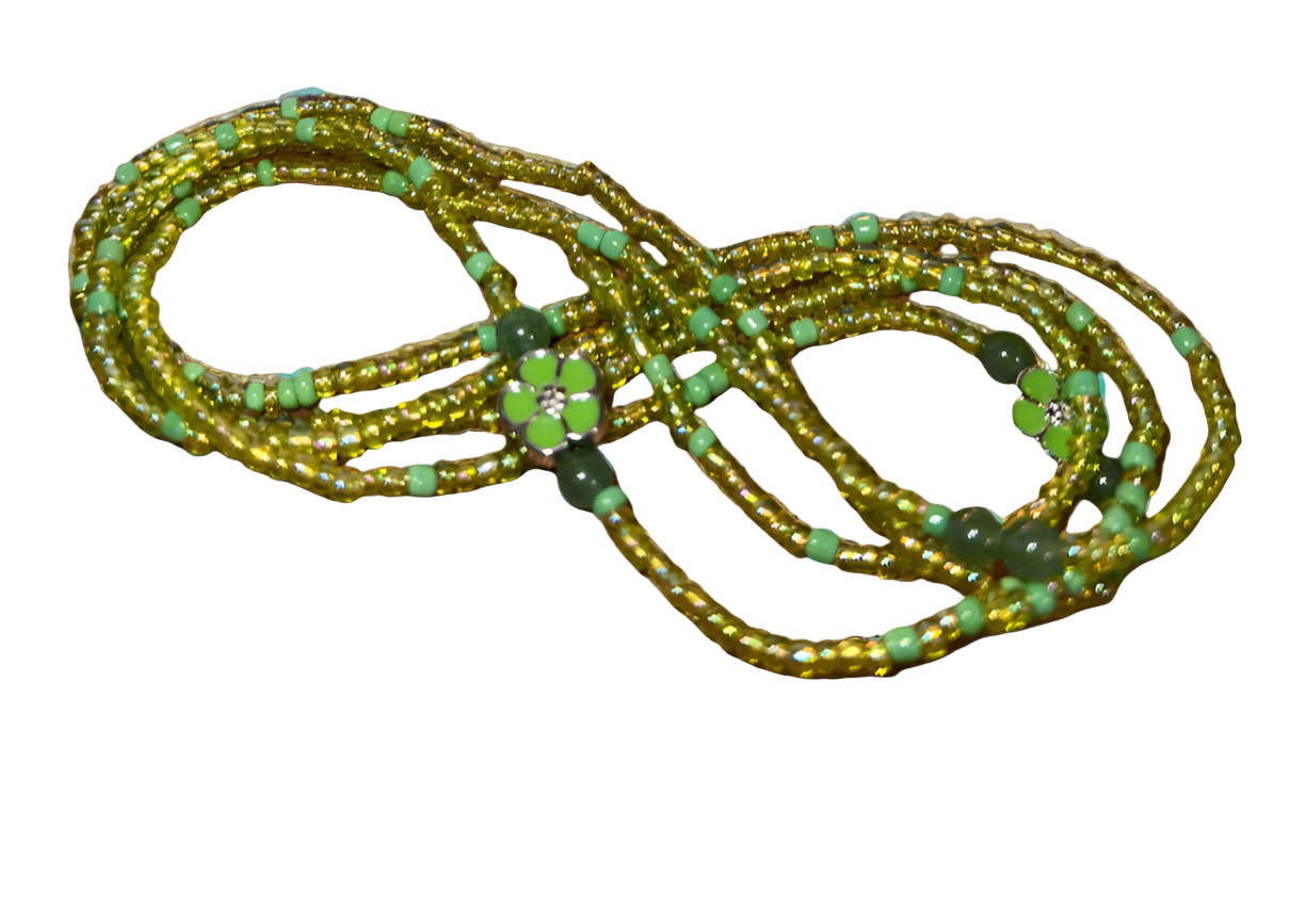 Beaded waistbeads with gold and green seed beads