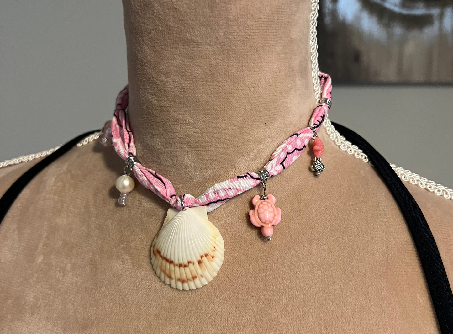 pink bandana choker necklace with statement seashell