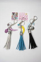 Keychains with tassels and charms. Grey, Blue, and Black purse charms