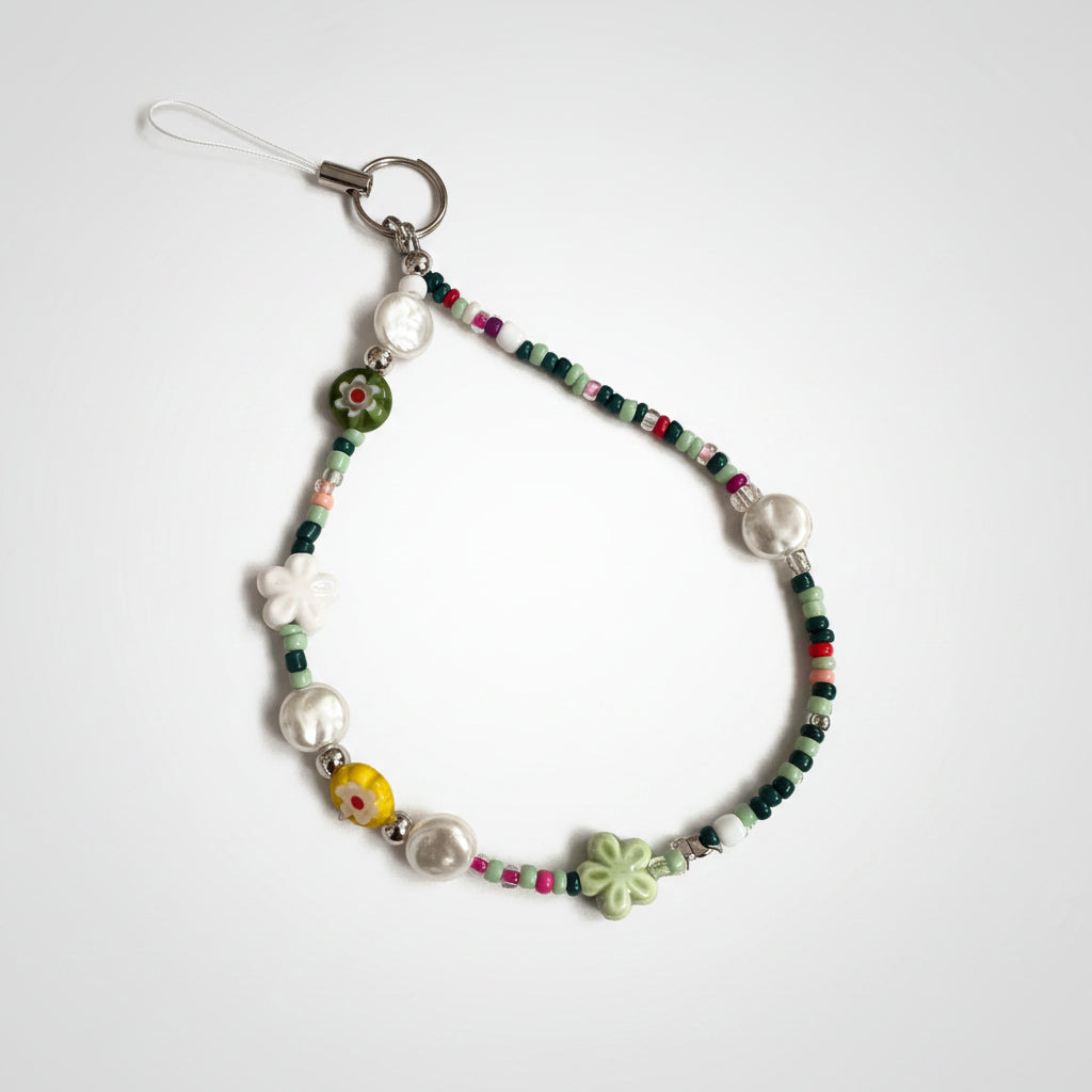 Beaded wristlet with floral and colorful beads green flower charms