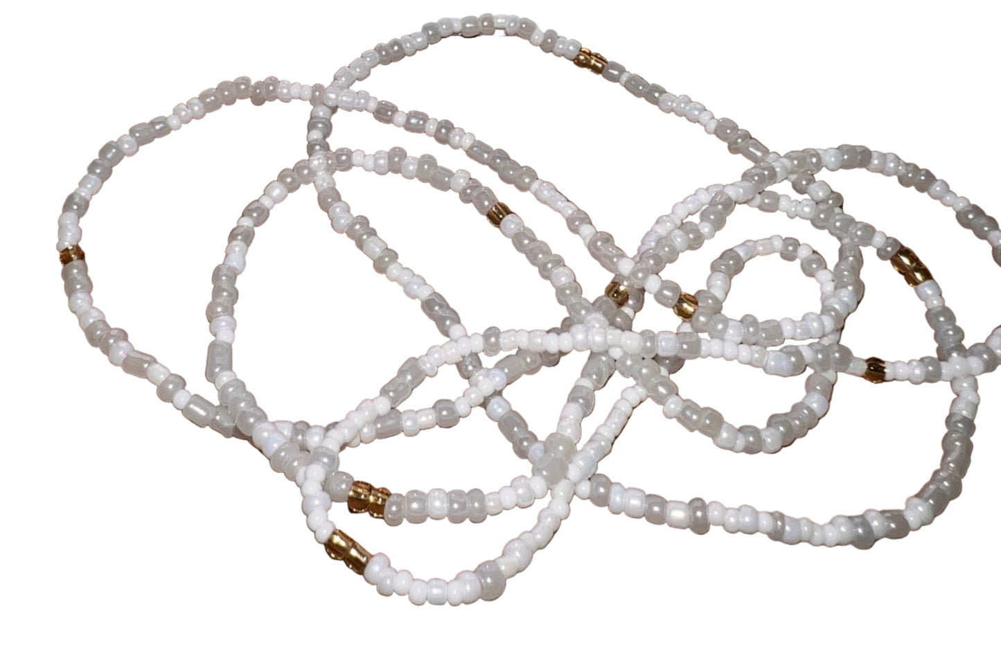 white seed beads waistbeads with gold accent