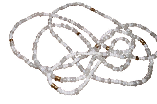 white seed beads waistbeads with gold accent
